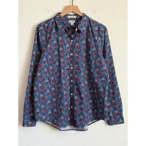 L.L.Bean Button Down Shirt Large Blue Floral Wrinkle Free Cotton Long Sleeve